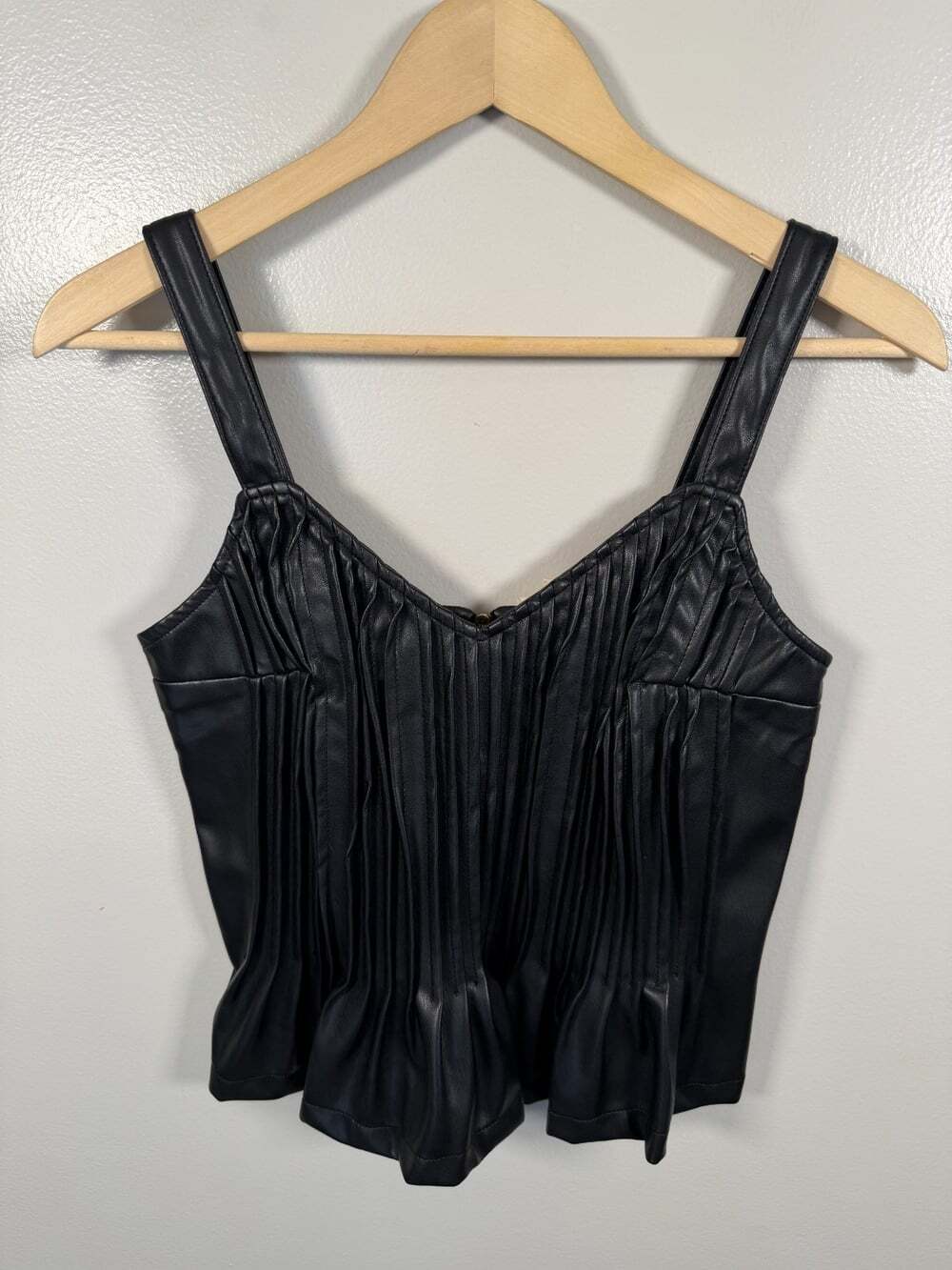 Anthropologie Let Me Be Faux Leather Tank Top XS Pintucked Cami Peplum Black